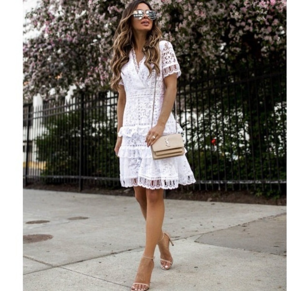 French‎ Connection Dress Womens 8 White Lace Arta Surplice Tiered V Neck Mini